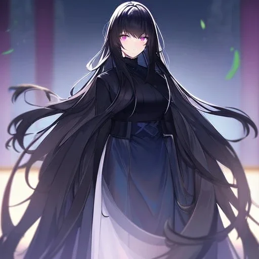 Clear focus,High resolution, Black long fluffy hair, long bangs, and purple eyes, Depressed girl