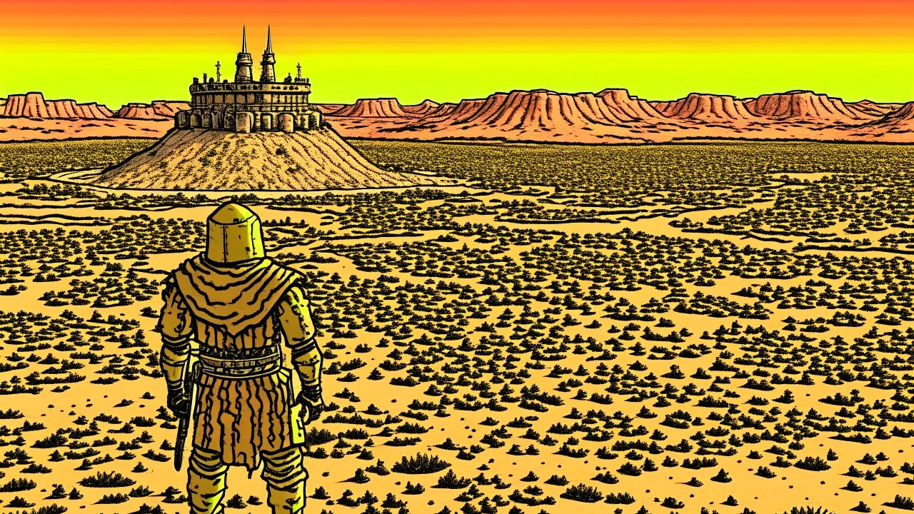 Desert warrior from behind looking at a city in the distance, comic style
