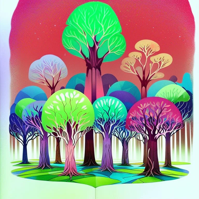 Drawing of a group of trees in the forest, whimsical forest, colorful trees, candy forest, colorful otherworldly trees, bright forest, sitting in a colorful forest, forest colors, psychedelic forest, big magical trees, luminism trees, forest trees, many trees, trees, drawing of Forest, in the forest candy! At night, trees are full