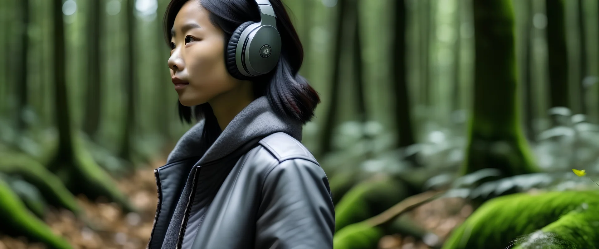 eine asiatische frau die mit dem rücken zu einem steht, ist in einem Wald mit kopfhörer. Die Frau trägt eine graue jacke und schwarze jeans.