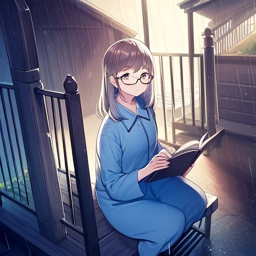anime girl sitting on a porch swing of an old house, journaling, wearing pajamas, writing in a book, shes watching it rain, more detail on hands and her face,shes deep in her thoughts, wearing glasses, rain drops, she has a pencil in her hand and is writning in the book, she is looking down at what she is writing, lightning, she is writing something in a book, eyes are pointed down