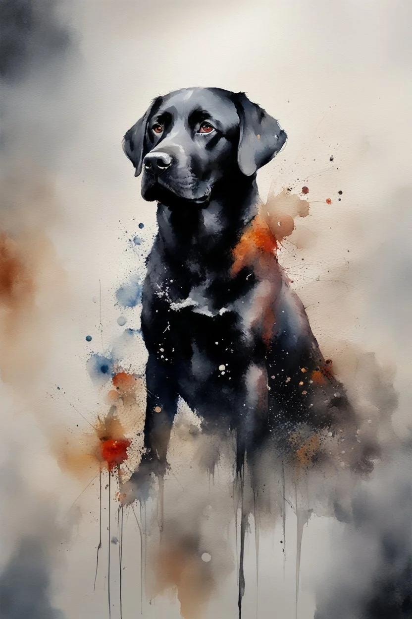 A portrait of black Labrador by Willem Haenraets, watercolor, on watercolor paper, wet on wet and splattering techniques, centered, perfect composition, abstraction, surrealism