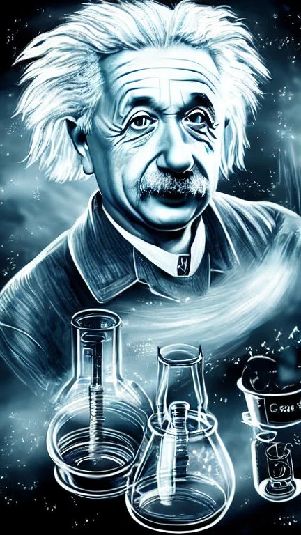 Albert Einstein, detailed and intricate calligraphy ink painting of a "cyborg Mad Scientist" holding beakers, outer space Background cosmic fractals, dystopian, concept art, unreal engine 5, god rays, ray tracing, RTX, lumen lighting, ultra detail, volumetric lighting, 3d, finely drawn, high definition, high resolution. award-winning: professional portrait: atmospheric: commanding: fantastical: clarity: 16k: ultra quality: striking: brilliance: stunning colors: amazing depth: masterfully crafted