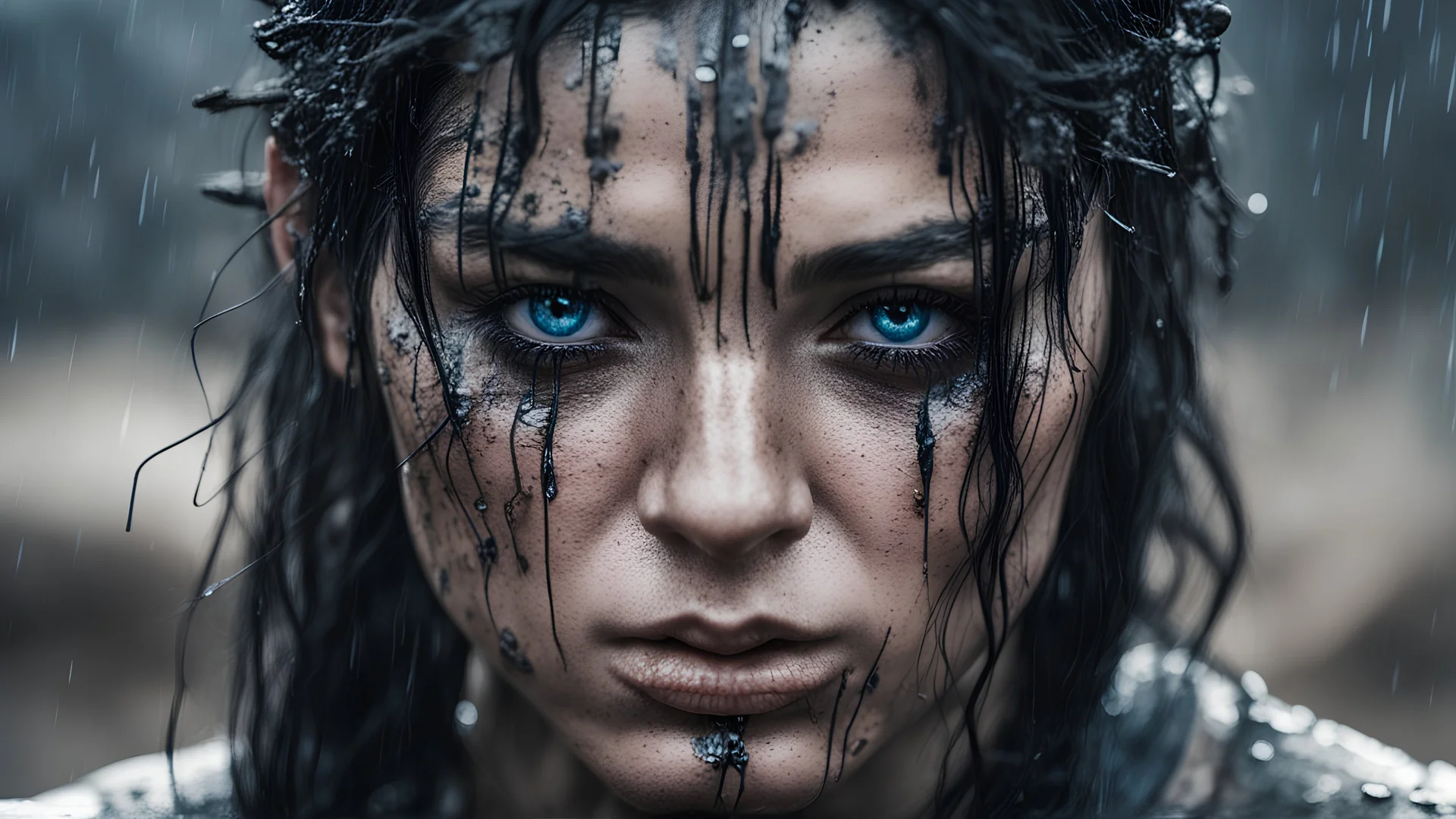 A high detailed closed up portrait of a warrior woman that has black hair and blue eyes and is tired and wet due to rain and a little mud, her lips is glorious .photo, dark fantasy , cinematic