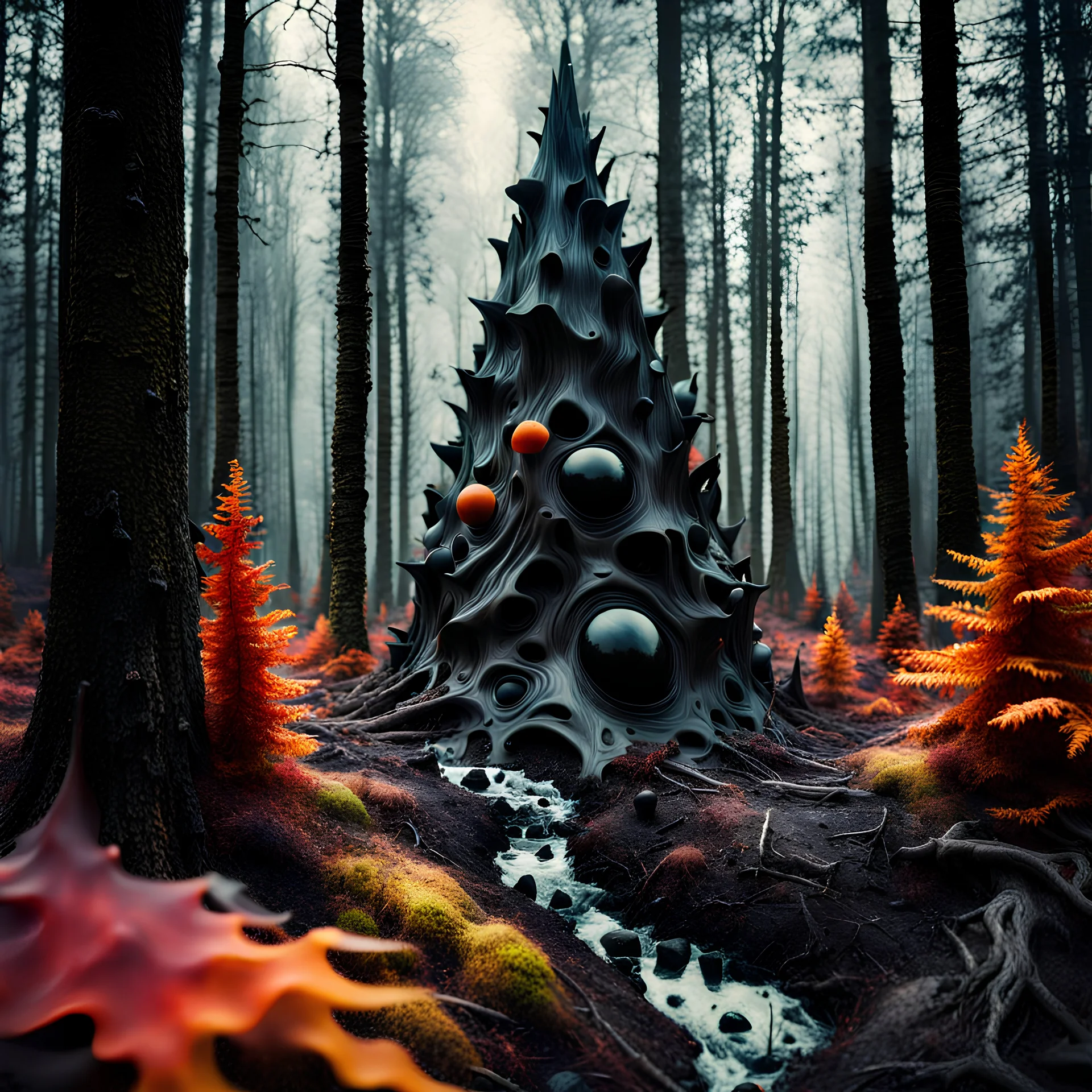 Hyperrealistic photograph, polaroid, irregular black spots, 8k, 3d render, Zdenek Burian, melting horror, tridimensional figures, intricate patterns, forest, sinister scribbles, colors, shot on Hasselblad, Yves Tanguy, tragicomic