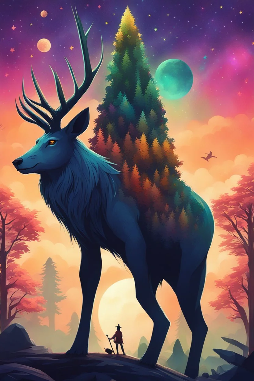 A 🐊+🦌=A. legendary hybrid He stands on a strange land of monsters. And trees. The sky is decorated with colorful stars