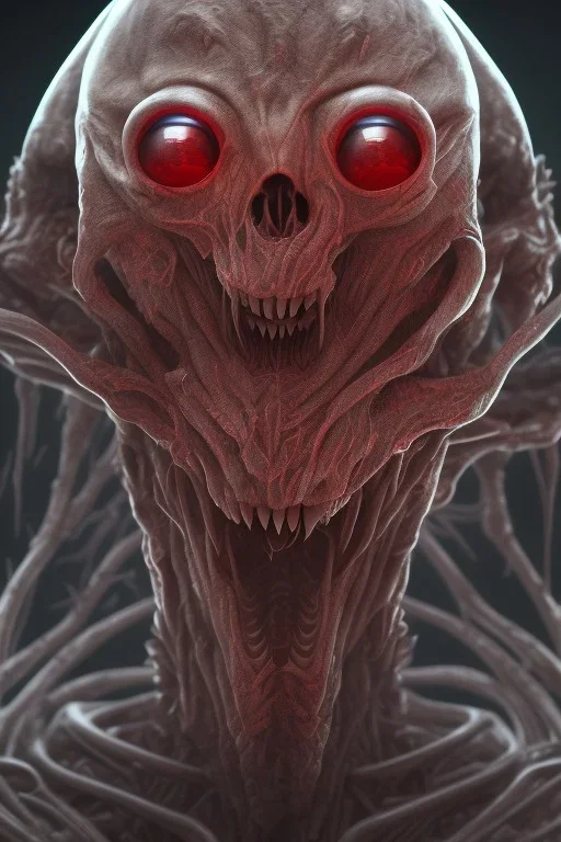 green alien, head, evil, red eyes, big silver teeth, weapons, blood, 8k, finely detailed, photo realistic, HR Giger style