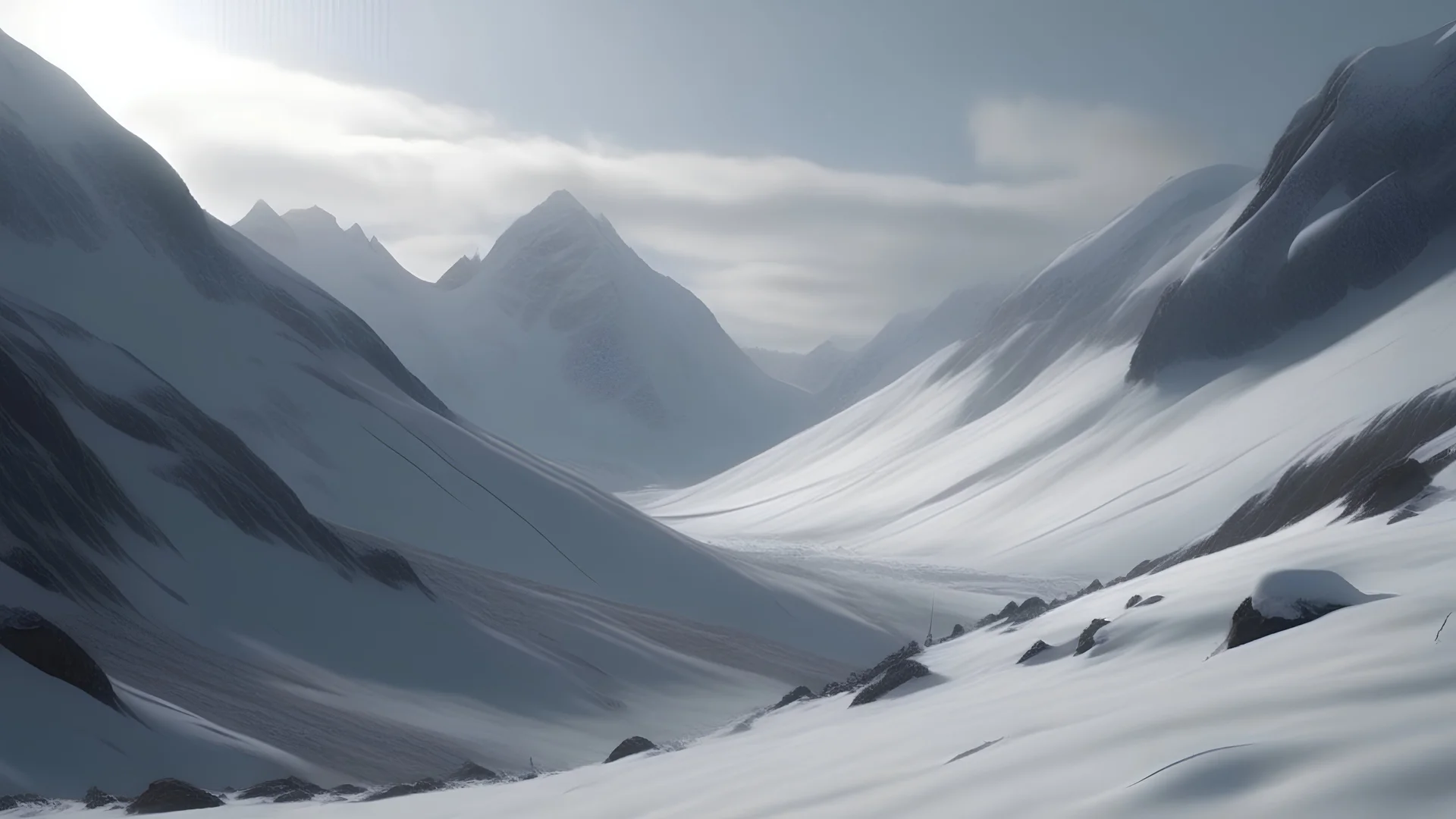 serene snow mountains scene, mountain shot, cinematic, godray