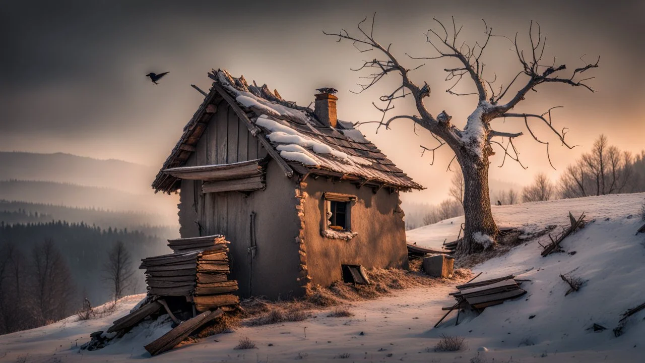 a lonely old adobe hut with worn adobe brown-gray wall and a small window, a crumbling roof, an old chimney stands on a hill, next to it is a small woodshed by the wall, and an old withered tree leans over the hut on thr old tree sitting a black crow, the hut stands on the edge of a European forest, winter, snowy landscape, low light, dawn, snow, high detailed, sharp focus, high realistic, perfect photo