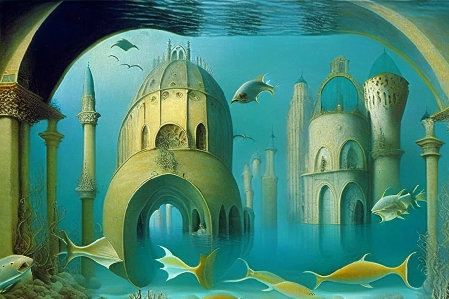 An underwater city with arches and domes by artists "Leonora Carrington" "Leonardo da Vinci" and "Beatrix Potter"