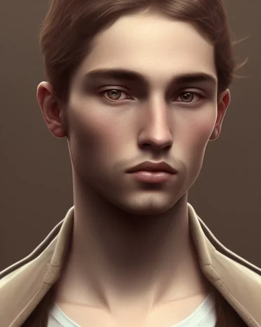  boy, cute, young, teen, brown hair, brown eyes, medium hair, bangs side part, head and shoulders portrait, head and shoulders portrait, 8k resolution concept art portrait by Greg Rutkowski,