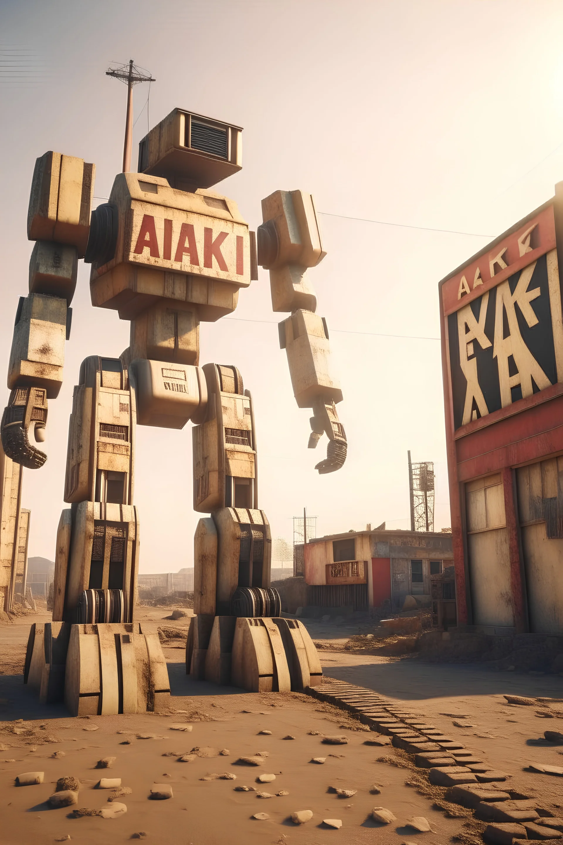robot gigante in una città abbandonata post nucleare con una insegna luminosa vicino con scritto "AKEN"