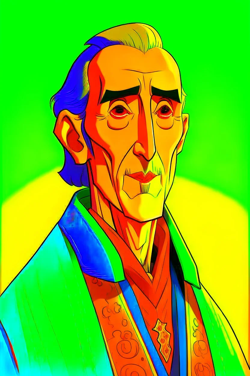 A portrait of Christopher Lee in his early forties as an elf mage, dressed in expensive medieval shirt, in the style of Genndy Tartakovsky