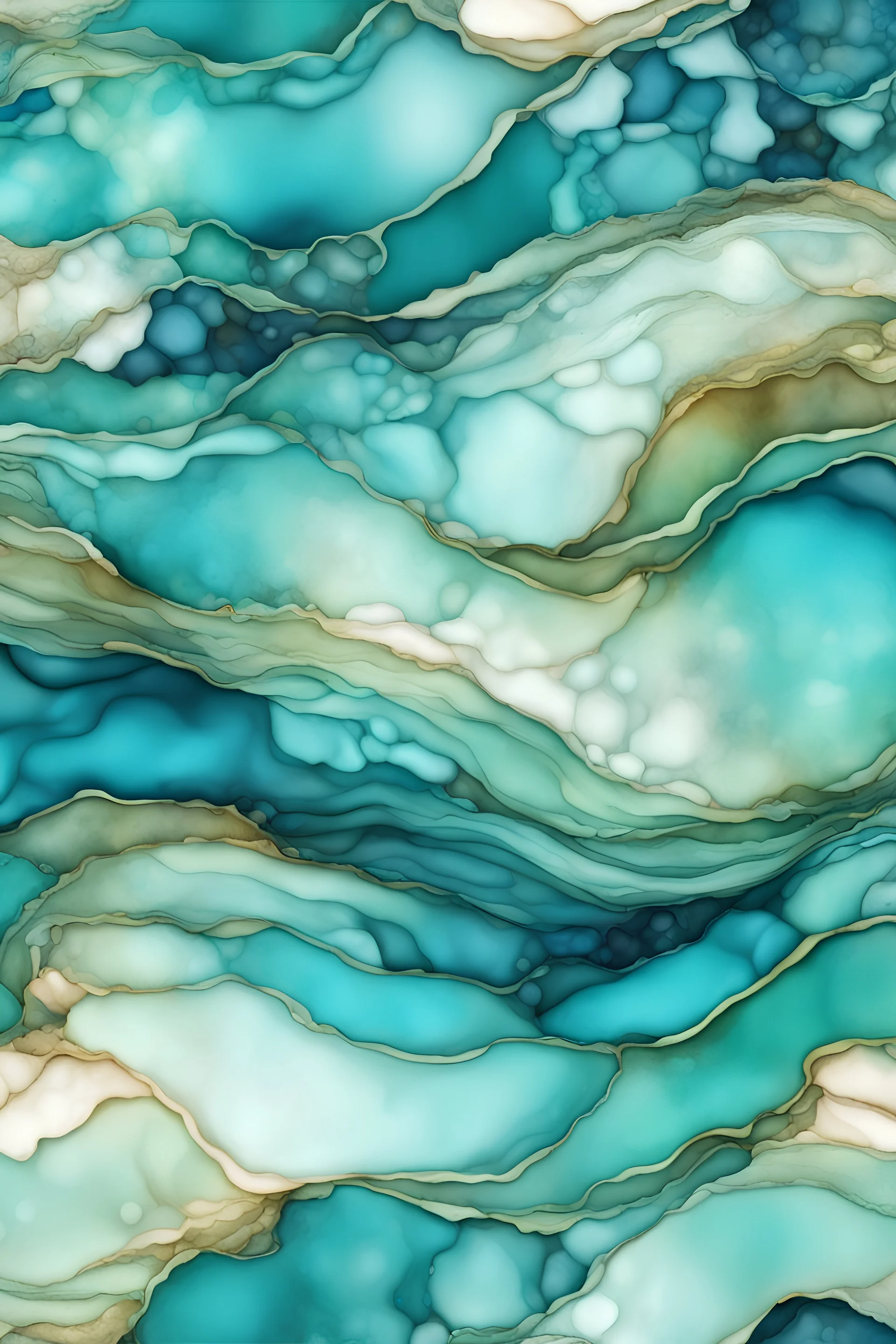 Alcohol ink art tile pattern. Vibrant, fantasy, delicate, ethereal. Sea. Shades of blue, teal, aqua, turquoise, white. waves on shore. Sun. colorful beach. Background ink drip.