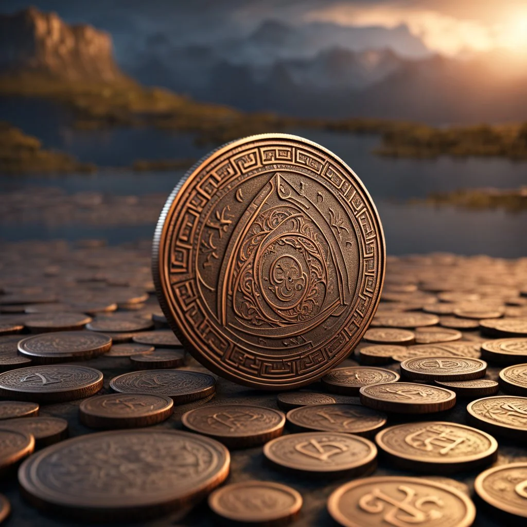 a small copper coin called a crescent standing on edge. ancient viking runes. flat coin. show one whole coin front on at a distance. fantasy concept art, exquisite realism, a masterpiece, dynamic lighting, hyper detailed, intricately detailed, deep color, Unreal Engine, volumetric lighting , Epic cinematic brilliant stunning intricate meticulously detailed dramatic atmospheric maximal,