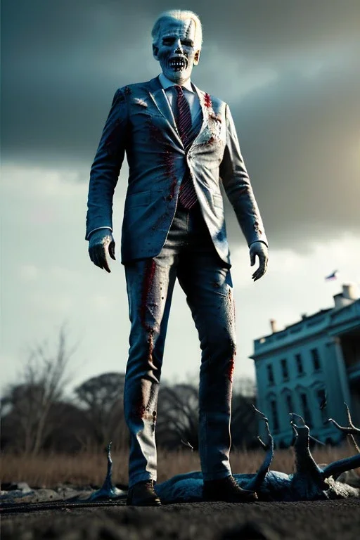 Ultra realistic image, joe biden zombie, zombie performance, suit, skull, blood, torn arm, night, walking twisted, waist up view, thriller style, dark ambient, highly detailed, White House background, concept art, unreal engine 5, god rays, ray tracing, RTX, focal lighting, ultra detail, volumetric lighting, 3d, finely drawn, high definition, high resolution.