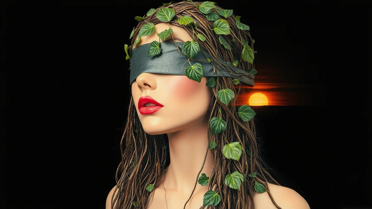 Abstract art, collage, Thomas Ligotti, mannequin world, in space they can't hear you scream, Dave McKean, inspired by Zdzislaw Beksinski's nightmarish paintings, Wassily Kandinsky, double exposure, sunset, gnostic tragedy, sinister, woman, long hair made of shiny texture, blush, blindfolded, Vine design, Surreal, Futuristic, Black open background, Peach skin, Leafy textures, Shiny plastic, Organic aesthetics, Rose red hue, green leaves, alien design, mutant structure, red mouth, bizarre aestheti