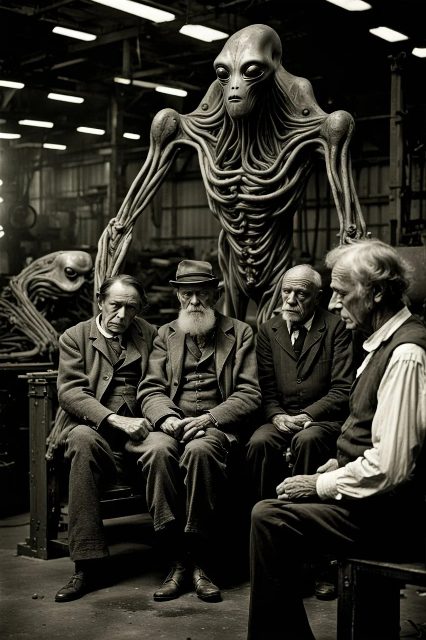 1900's black and white vintage photo, interior, working (alien) organ manufacturing factory warehouse, unhappy and angry,stange long grey alien human hybrid creature with a family that is super sad, captured on square format film, grainy brown, aged, old men depressed, tired