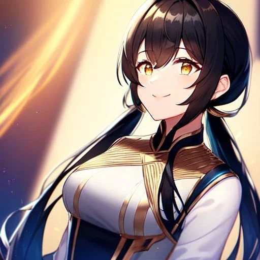 girl, masterpiece, best quality, volumetric lighting, detailed outfit, perfect eyes, black hair, golden eyes, long hair, twin ponytail, looking up, smile,