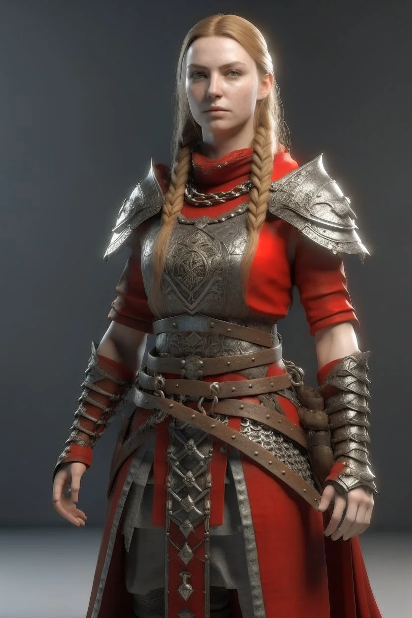 full length, tall, gangly, 22-year old, nordic looking female human cleric with a necklace of red beads, wearing scale mail