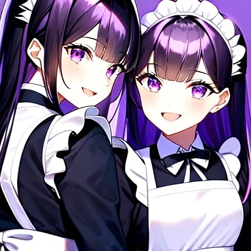 8k, Girl, high quality, detailed, black long hair, purple eyes, beautiful lighting, vibrant colors, laughing, twins, maid