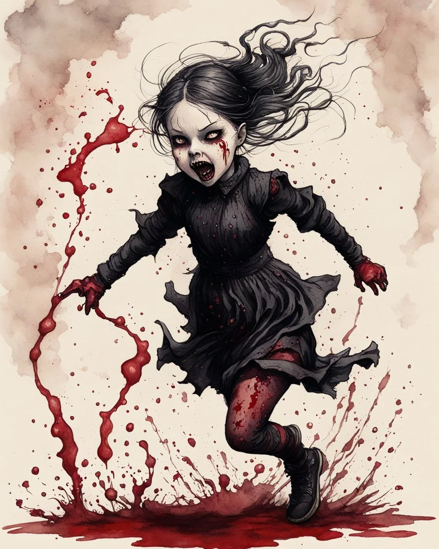 Petit girl goth, run pose, fullbody, splashes blood, behind guts rising from the ground, watercolor illustration by <John Kenn Mortensen>, darkred tones,