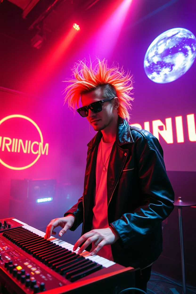 French cool synth player with crazy techno acid hair, he is called "Jean-Maurice Brûlée" performing at dance club, his name is "Jean-Maurice Brûlée" , white and orange Neon lights and oraNGE smog, and "URINIUM" big sign on the wall, he is playing on synthesizers on stage with lot of laser beams and wearing black sunglasses, an earth is projected in background