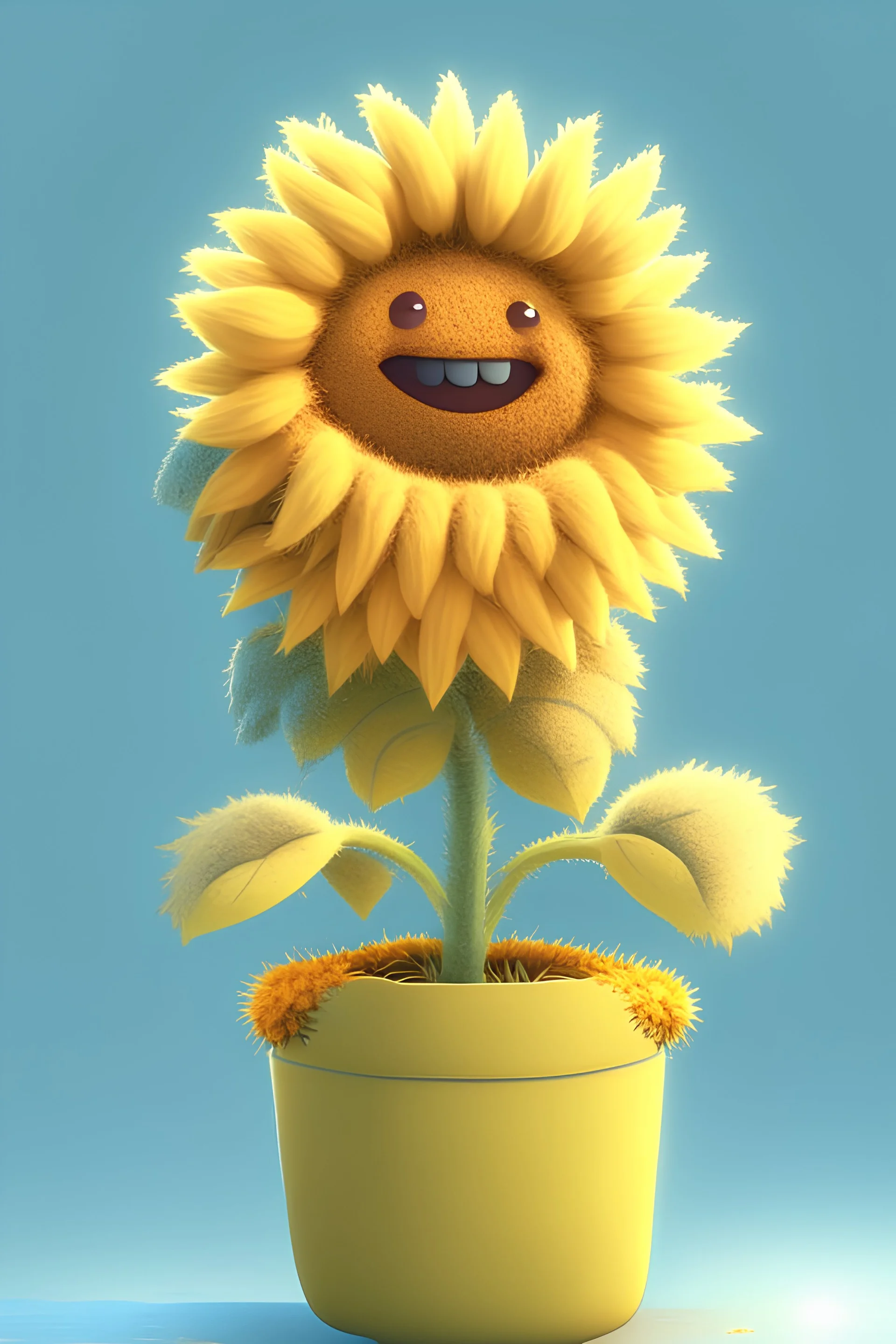 Cheery and cute sunflower in a pot avatar full body in fluffy material