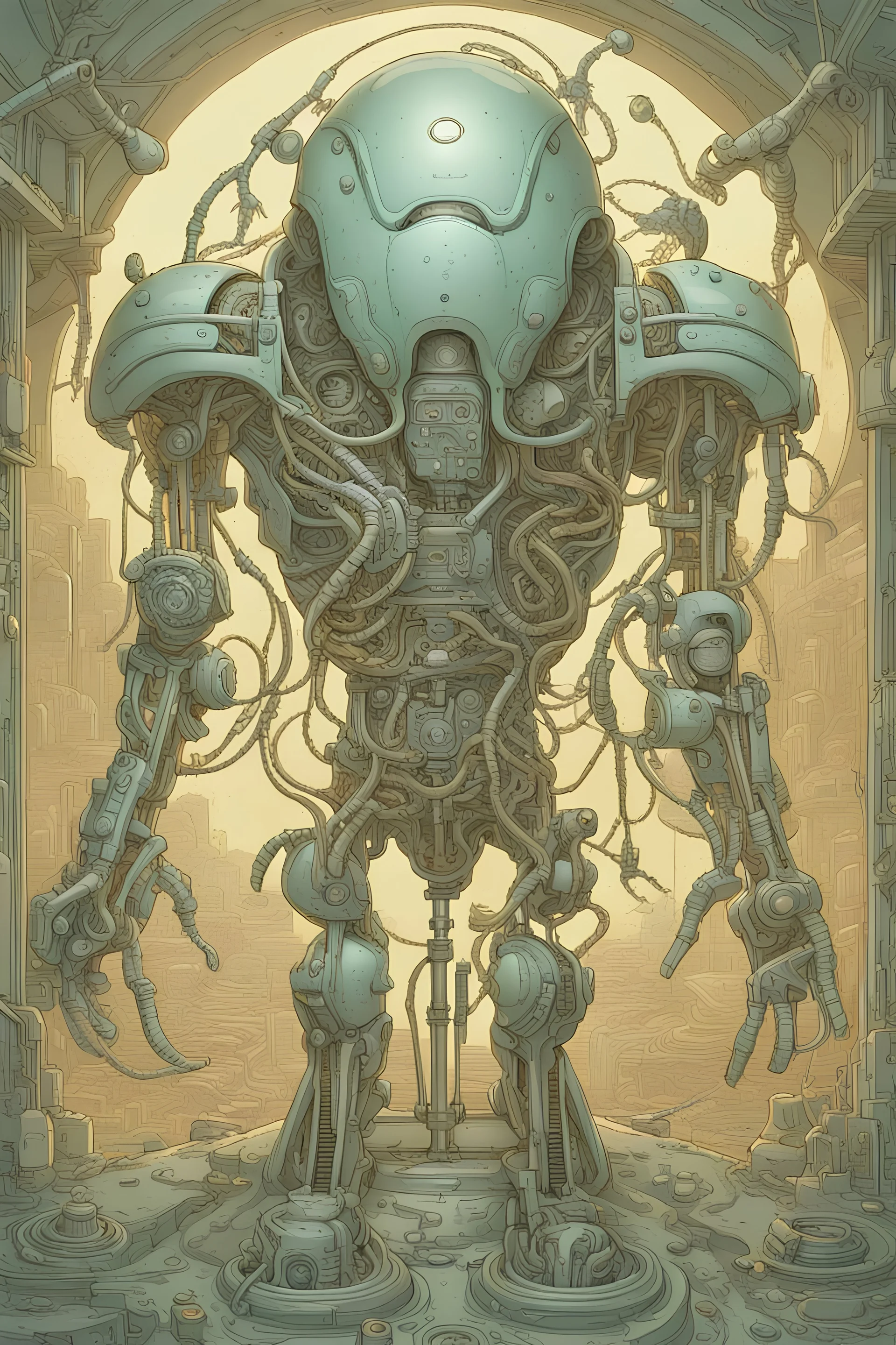 A machine that runs on pain,otherworldly anatomy,glowing with alien energy,in the style of Geoff Darrow