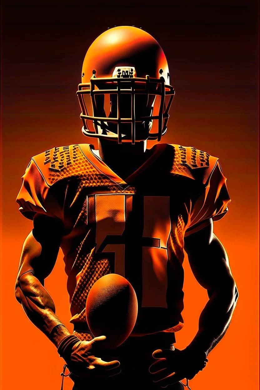 Silhouette of a football linebacker with a skull on front of jersey, orange background, photorealistic