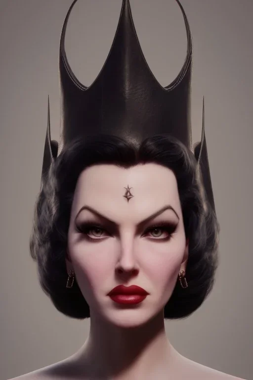 Lana Turner as evil queen in black leather, leather, busty, cleavage, angry, stern look. character design by cory loftis, fenghua zhong, ryohei hase, ismail inceoglu and ruan jia. unreal engine 5, artistic lighting, highly detailed, photorealistic, fantasy