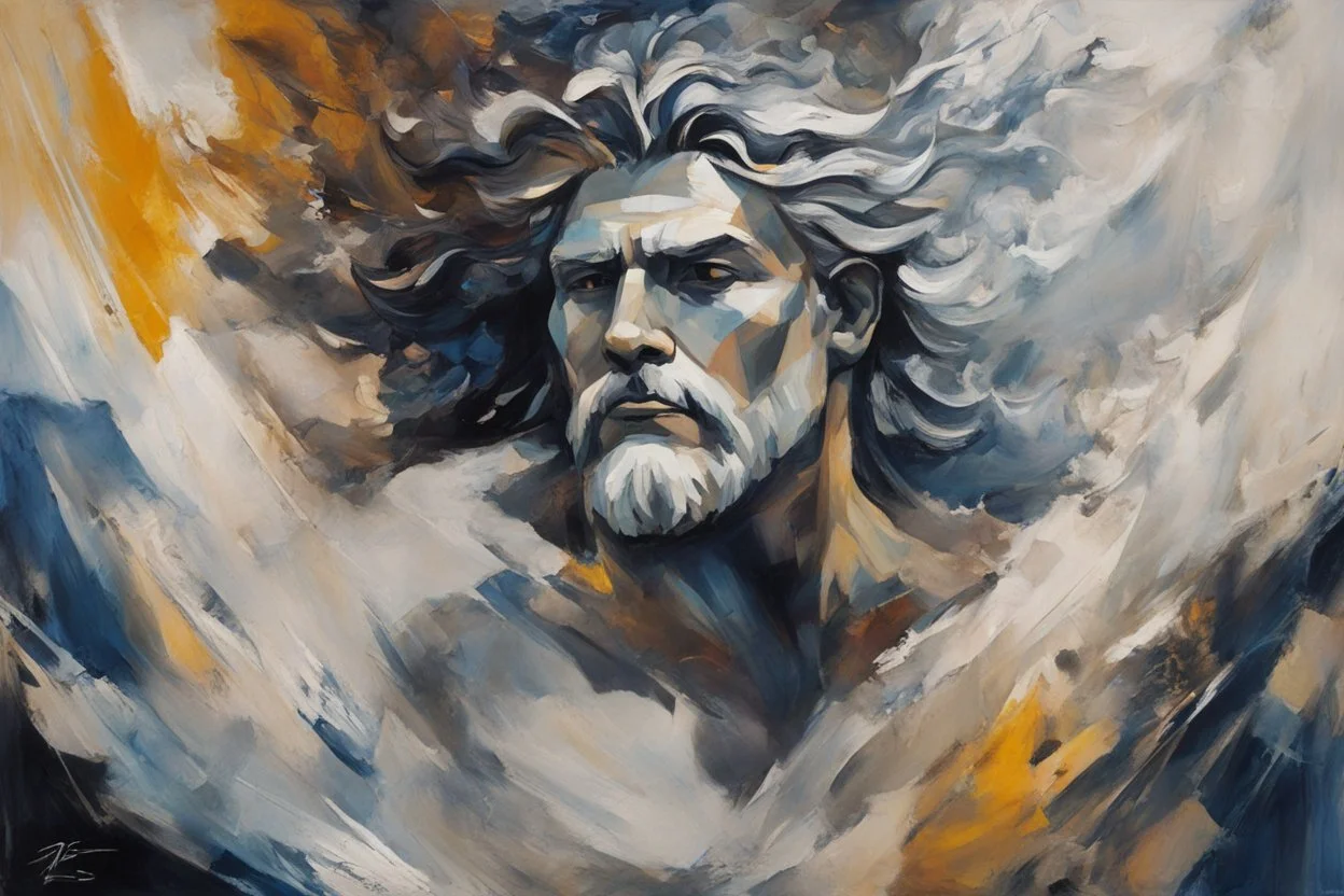 An abstract and enigmatic portrayal of Zeus, the king of the gods, using bold strokes and dynamic shapes to capture the essence of divine power, (abstract and enigmatic portrayal:1.4), (Zeus, king of the gods:1.5), (bold strokes and dynamic shapes:1.3), (expressive and divine ambiance:1.2), inspired by abstract interpretations of classical mythology and the divine, trending on CGSociety, Intricate, Sharp focus, dynamic lighting, (captivating:1.4), (godly ambiance:1.5), (abstract essence:1.3)