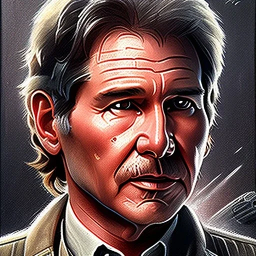 stunning photo realistic detailed head to waist portrait of harrison ford as han solo in star wars with photo realistic short hair, brown eyes, professional painting by drew struzan, Sharp focus, weathered skin,space jacket from star wars,