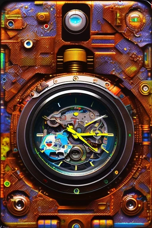 futuristic pinhole camera in Kente, rusted clocks lens, cinematic, scaffolding, cyberpunk, 8k quality