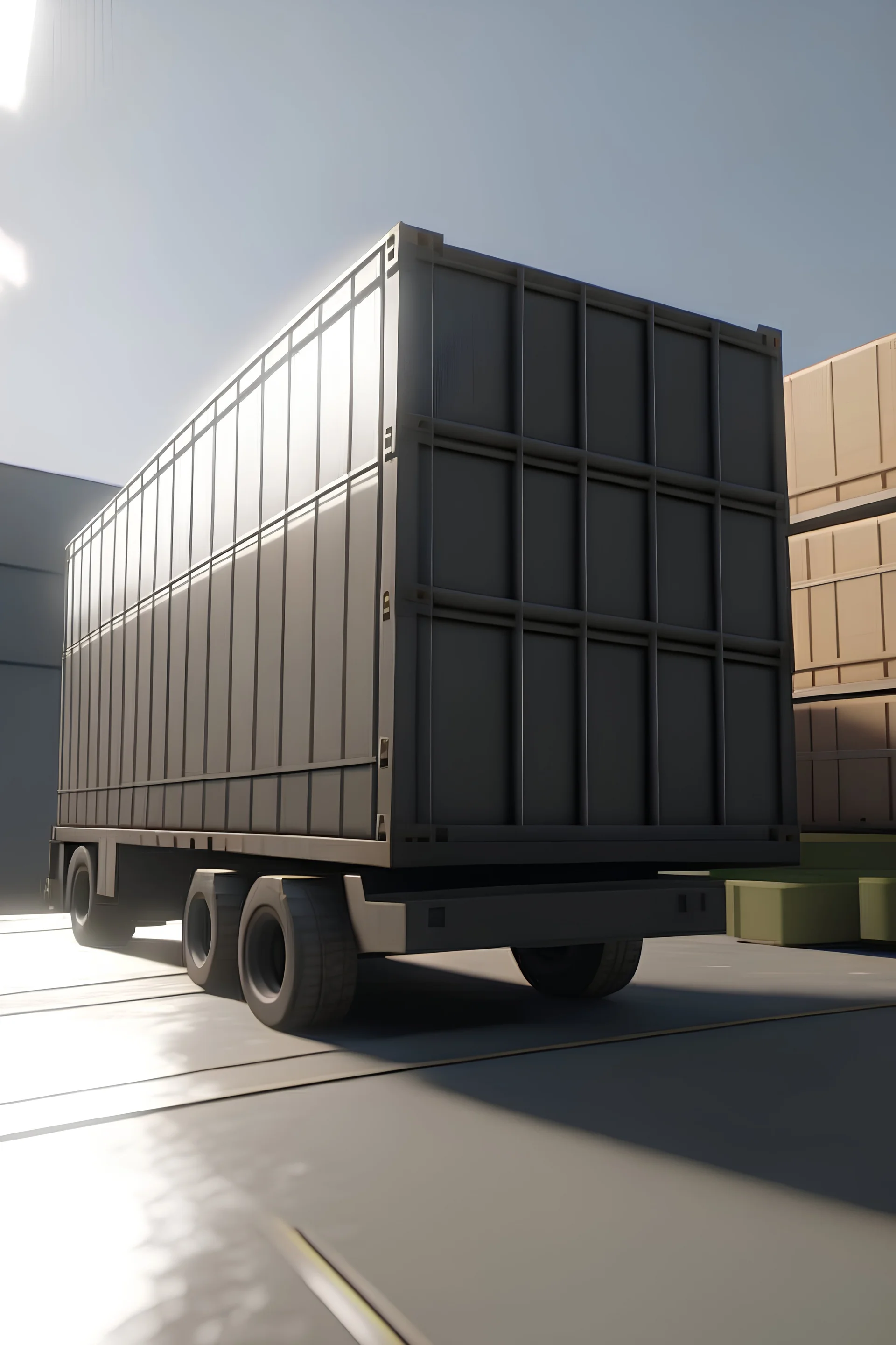 a trailer which is stopped in front of a big storage. a lifttruck is going to put down the cargo. i want half of the picture be realistic and half of it be in meshed which is just made of triangles meshes