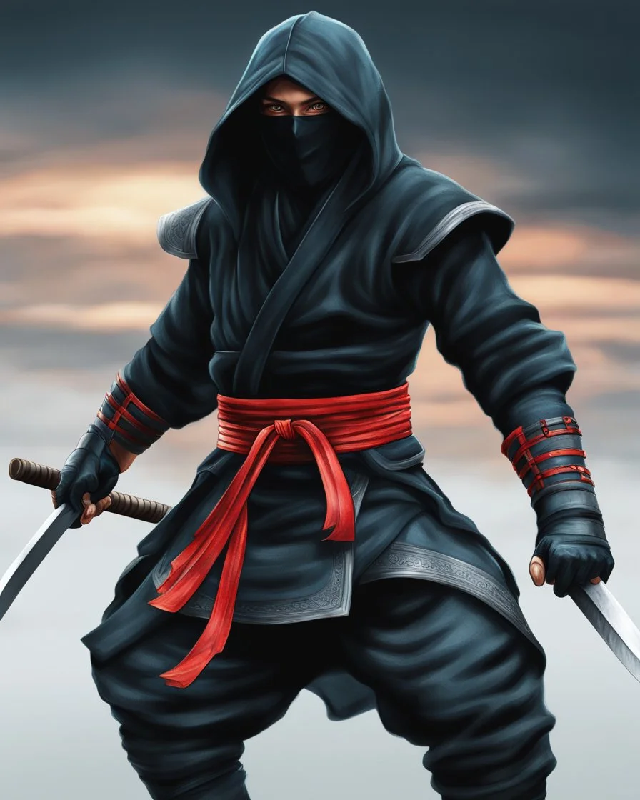 Dibujo realista de un Ninja calidad ultra, hiperdetallado, 8k, colores complementarios, cuerpo completo, 3D, arte digital