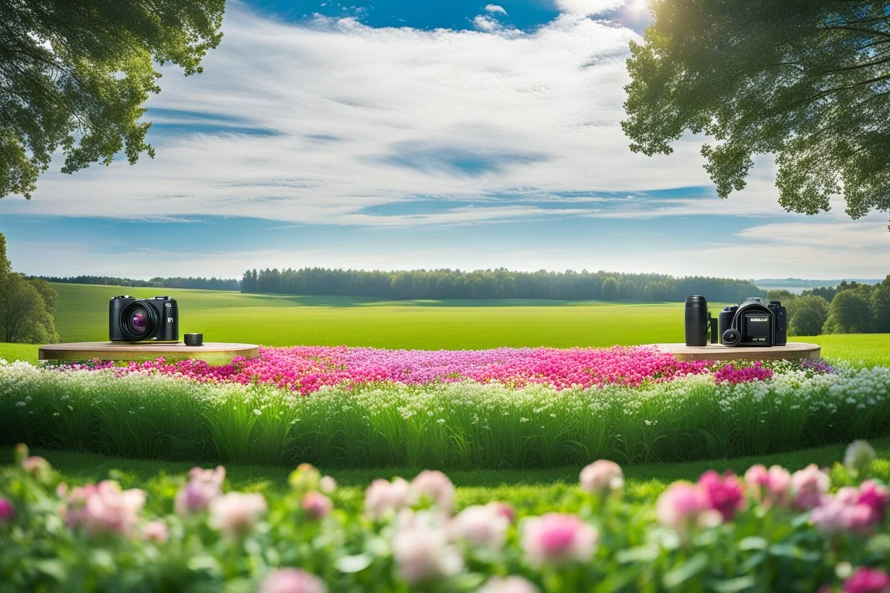 a big open disko stage in grass field in country side environment ,green field ,flowers , at distance,blue sky pretty clouds ,camera looking at horison