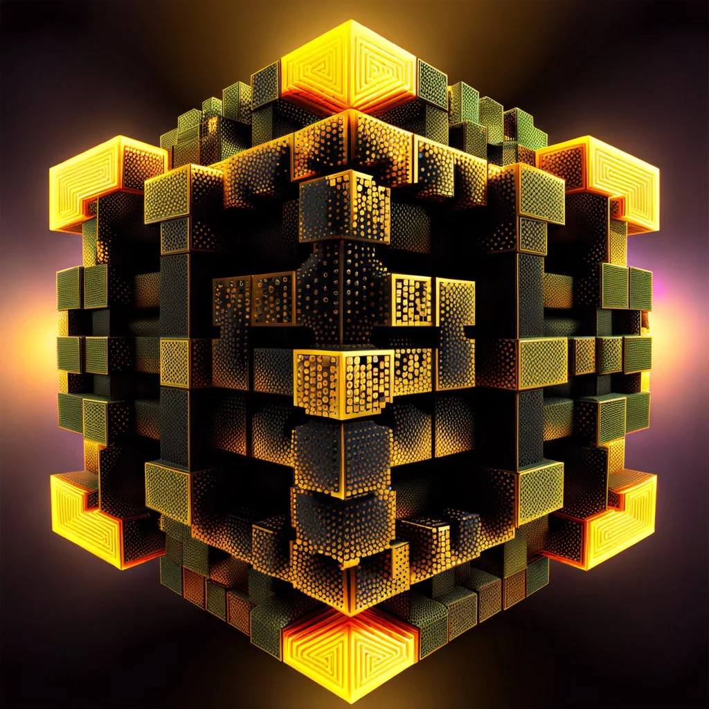 a mandelbox 3d fractal made of small metallic random color cubes