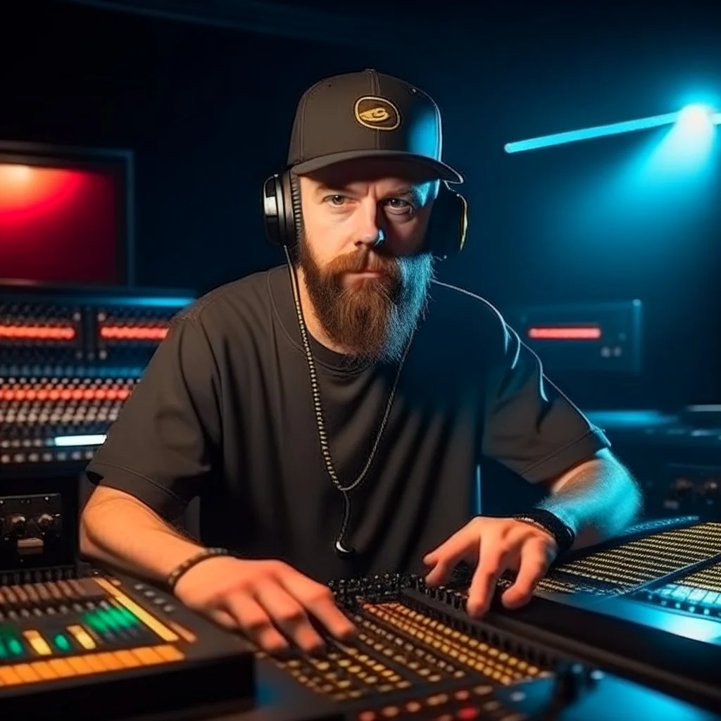 A short brown beard DJ with a baseball hat on his head, sing at microphone, many electronic consoles at club, laser lights, FRONT VIEW