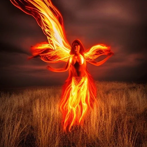 woman made of fire, fire angel, full body portrait, long flowing hair, only wearing bikini made of fire, highly detailed, real life photo, photo quality, extremely detailed, high quality, standing in fire, highly detailed, lots of fire around, fire background, burnt grass