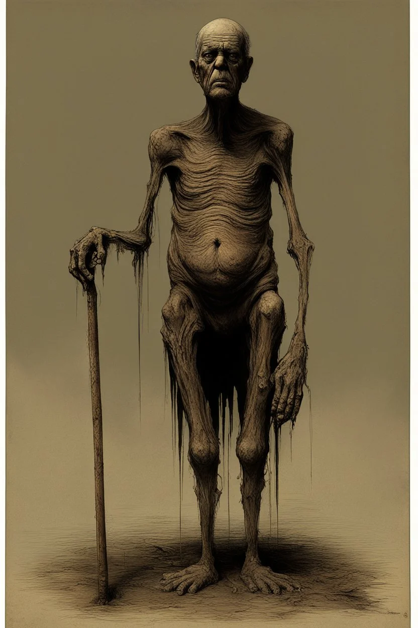 The full body of a fat old man holding a cane , front view,decayed and rotting with grotesque proportions and imagery. surreal horror, biomechanical design, by hr giger and beksinski
