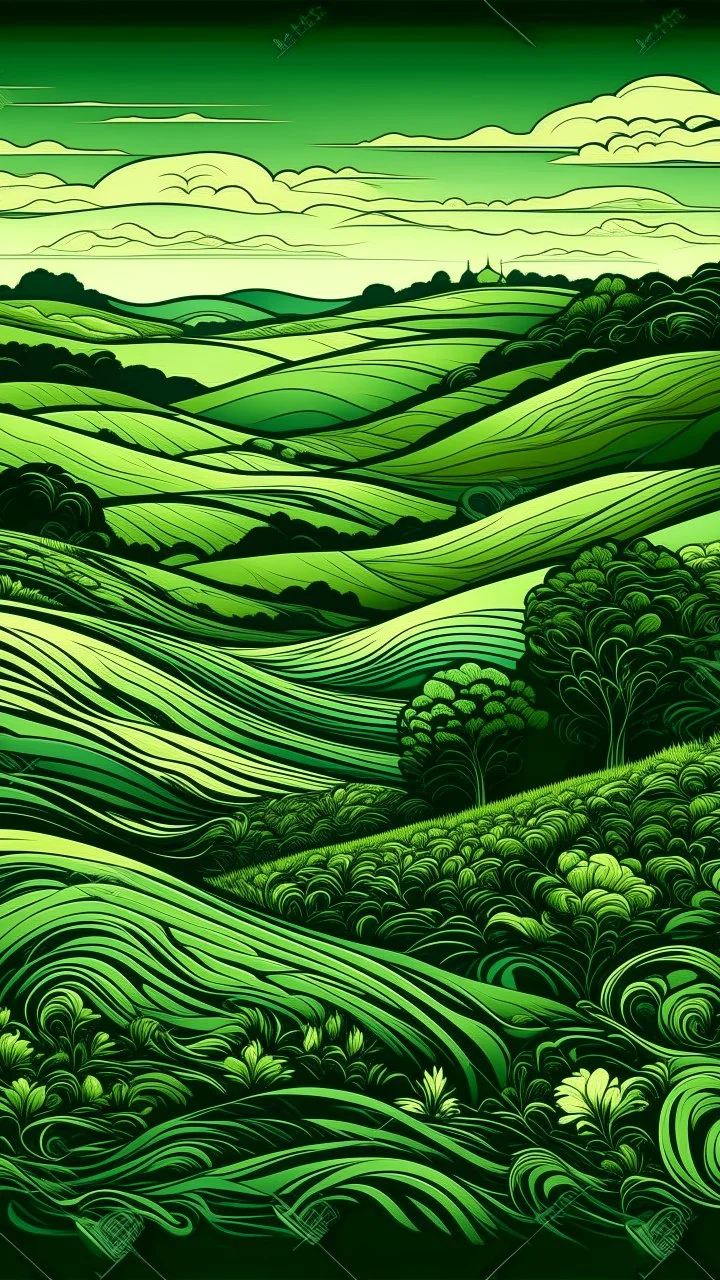 Dark green hilly meadows near a farmland in Art Nouveau art style
