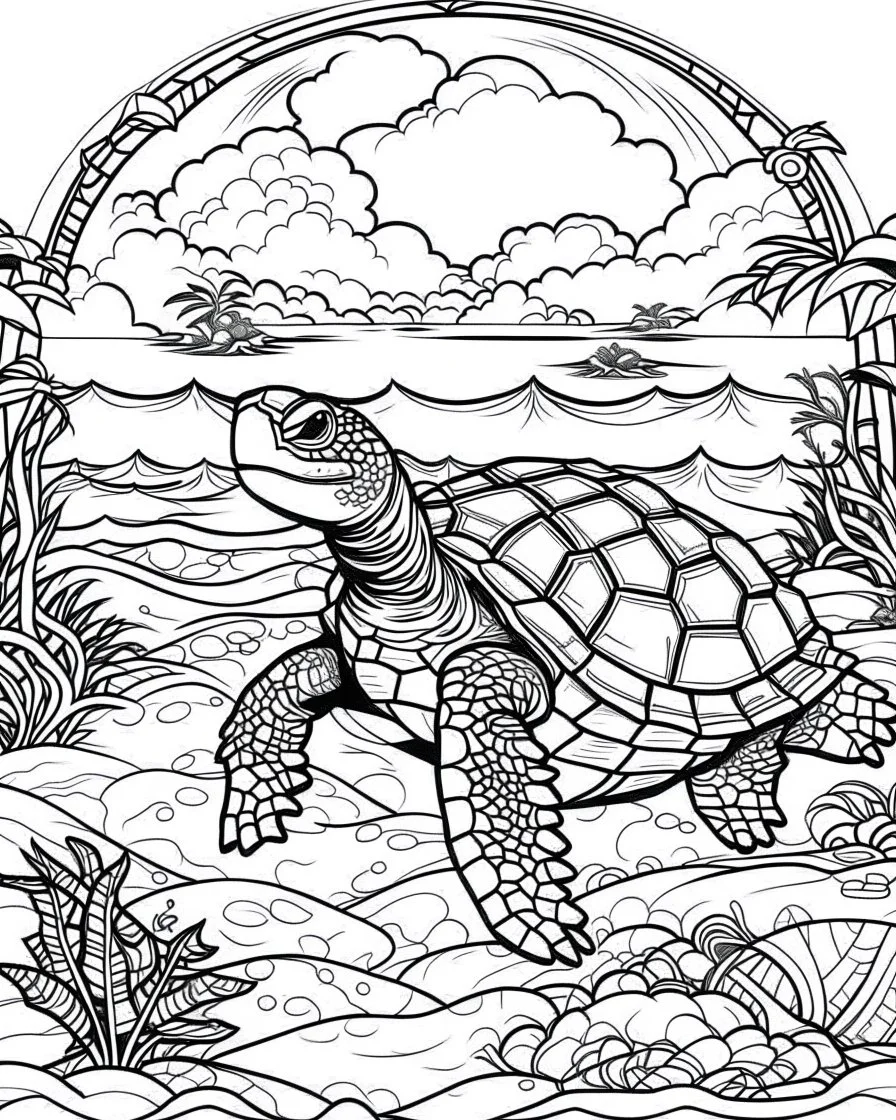 coloring pages for kids, Pacific island shaped Japanese ink painting, paradise, sea turtles, yellow sun, a Polynesian warrior , Art drawing .super detailed, anime cartoon style, thick lines, low detail, black and white, no shading, --ar 85:110