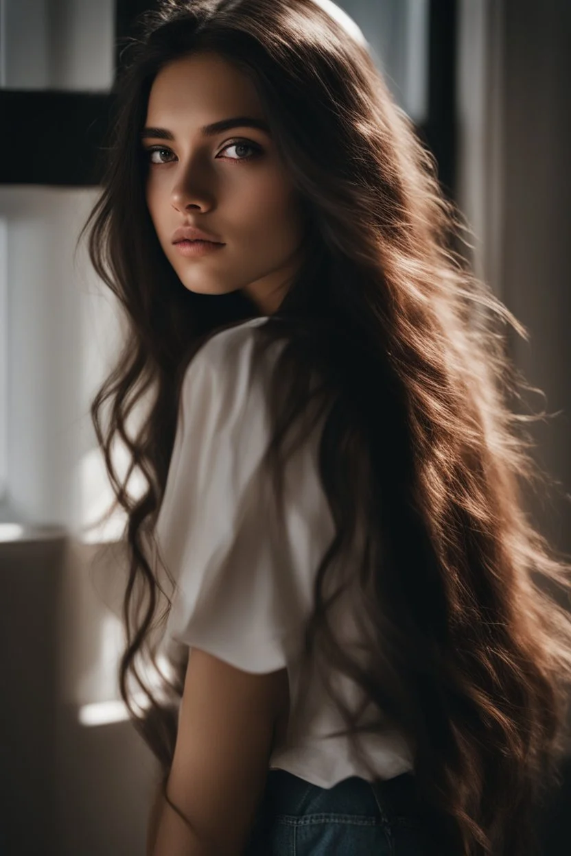 An incredibliy detailed medium shot macro shot of a 20 years old beautiful girl, long dark hair, an artistic portrait, detailed skin, detailed hair, facing to the camera, looking at the camera, dreamy mood, realistic, low aperture, bright image, Leica Q3, corner in the white room, white background, sunlight from the window, shadow of the window frame, golden hour