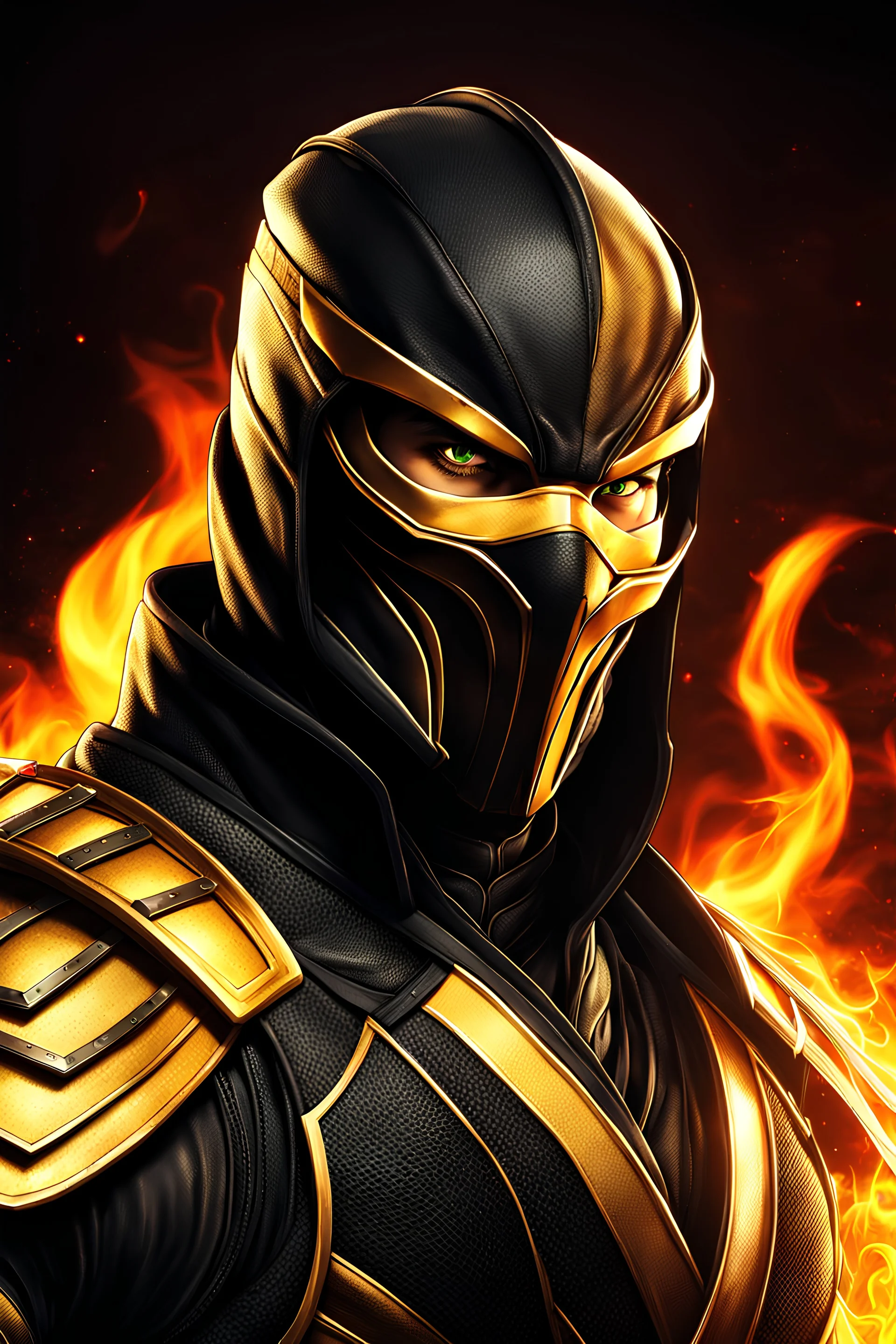 portrait of Scorpion from Mortal Kombat, 4k resolution, anime line art, with clear lines, no shadows, on a fire background suitable for Scorpion, fully colored with stunning colors