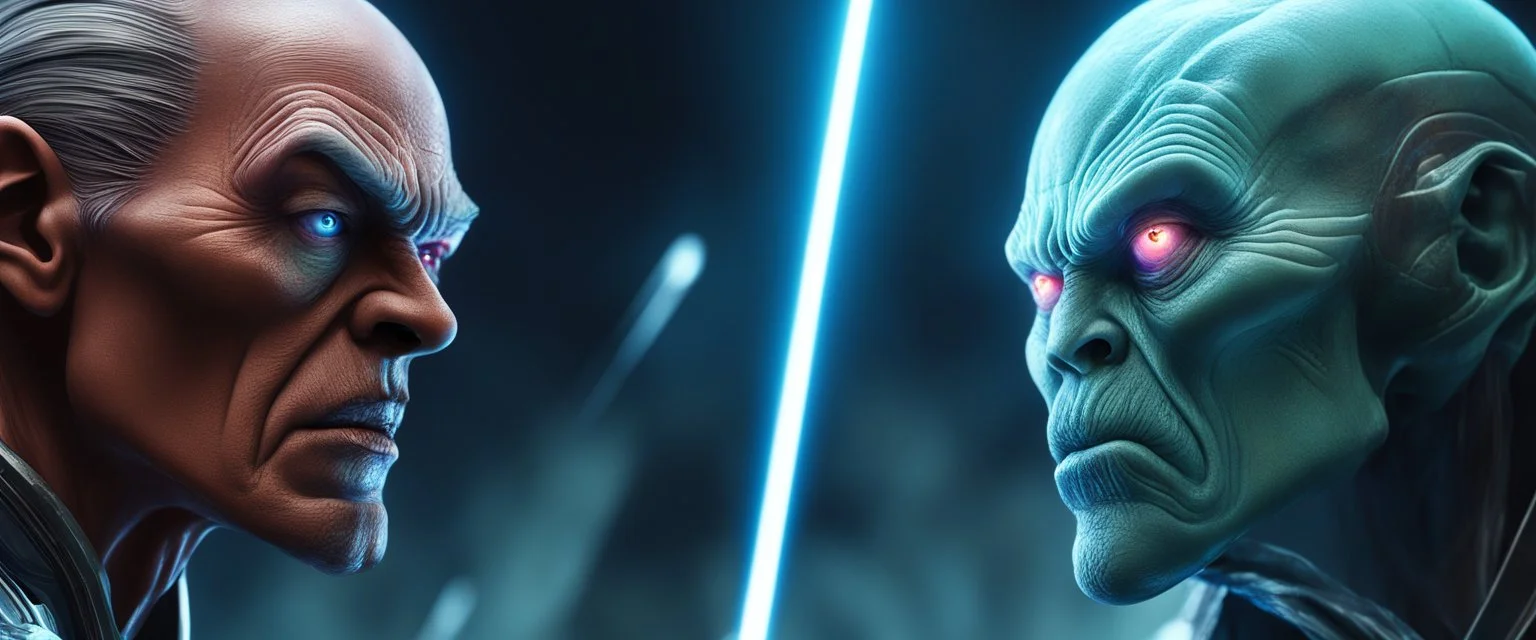 Close-up confrontation between an ancient alien outcast leader and a space broker, standing only a meter apart, intense eye contact, huge glowing crystalline rod between them, anger mixed with sadness, dramatic facial expressions, shallow depth of field, cinematic lighting, stylized 3D anime, airbrush painting, crisp outlines