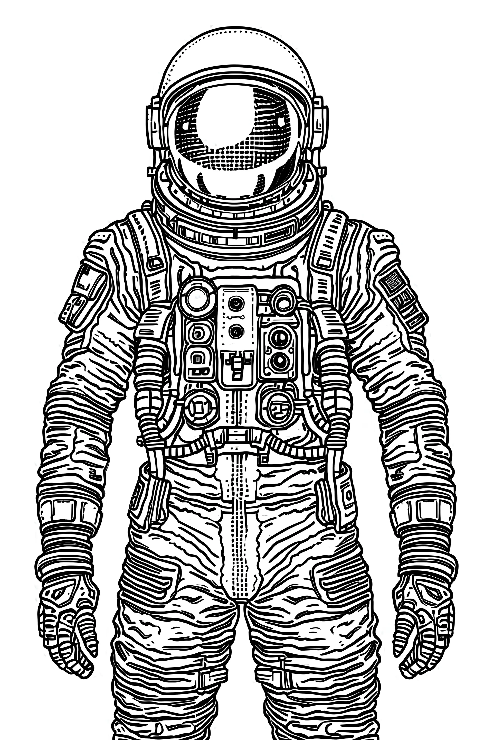 black and white line drawing of an astronaut suit facing forward