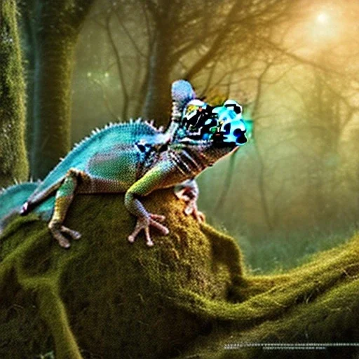 cute baby chameleon in a glowing enchanted forrest, view from the distance, cinematic, HDR, 8K, extremly detailed