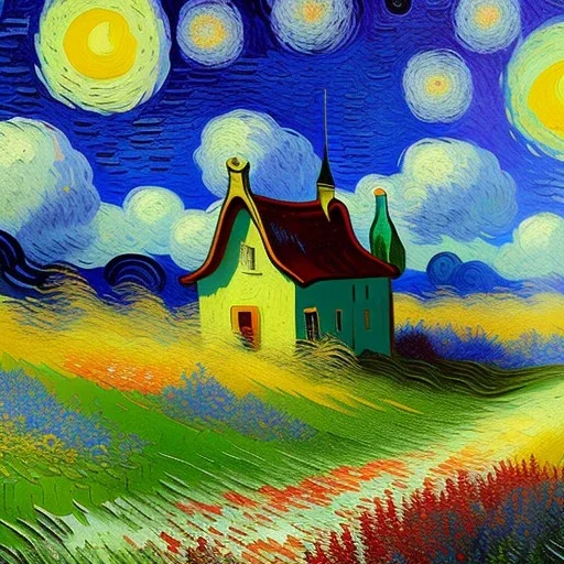 Dibujo al oleo de una pradera con una casa con muchas nubes de colores estilo Vincent van Gogh