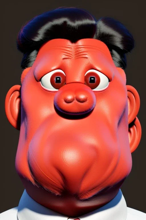 Waist up muppet Portrait, Kim Jong-un muppet doll, black suit, photo studio, red background, unreal engine 5, concept art, art station, ray tracing, lumen lighting, ultra detail, volumetric lighting, 3d.